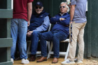 Horse trainers D. Wayne Lukas, left, and Bob Baffert talk ahead of the 149th running of the Preakness Stakes horse race at Pimlico Race Course, Friday, May 17, 2024, in Baltimore. (AP Photo/Julia Nikhinson)