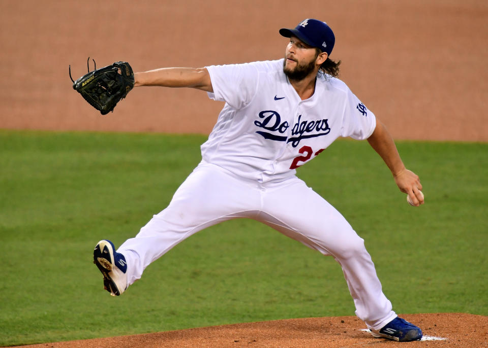 LOS ANGELES, CALIFORNIA - SEPTEMBER 25:  Clayton Kershaw #22 of the Los Angeles Dodgers pitches during the first inning against the Los Angeles Angels at Dodger Stadium on September 25, 2020 in Los Angeles, California. (Photo by Harry How/Getty Images)