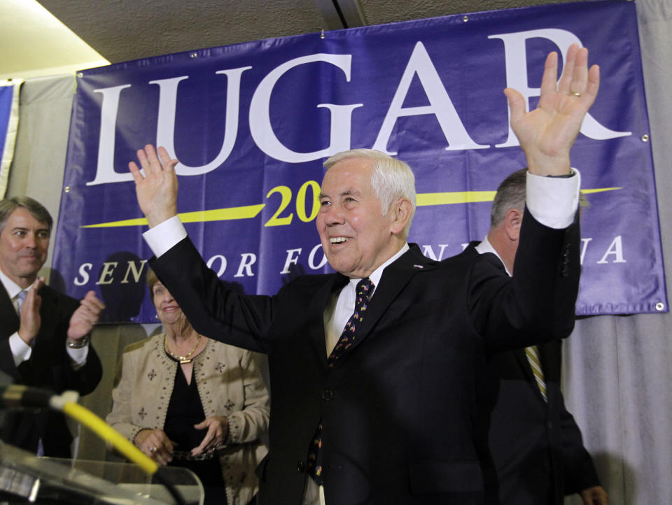 FILE - In a May 8, 2012 file photo, Sen. Richard Lugar reacts after giving a speech, in Indianapolis. Former Indiana Sen. Richard Lugar, a Republican foreign policy sage known for leading efforts to help the former Soviet states dismantle and secure much of their nuclear arsenal, died Sunday, April 28, 2019 at the Inova Fairfax Heart and Vascular Institute in Virginia. He was 87. (AP Photo/Darron Cummings, File)