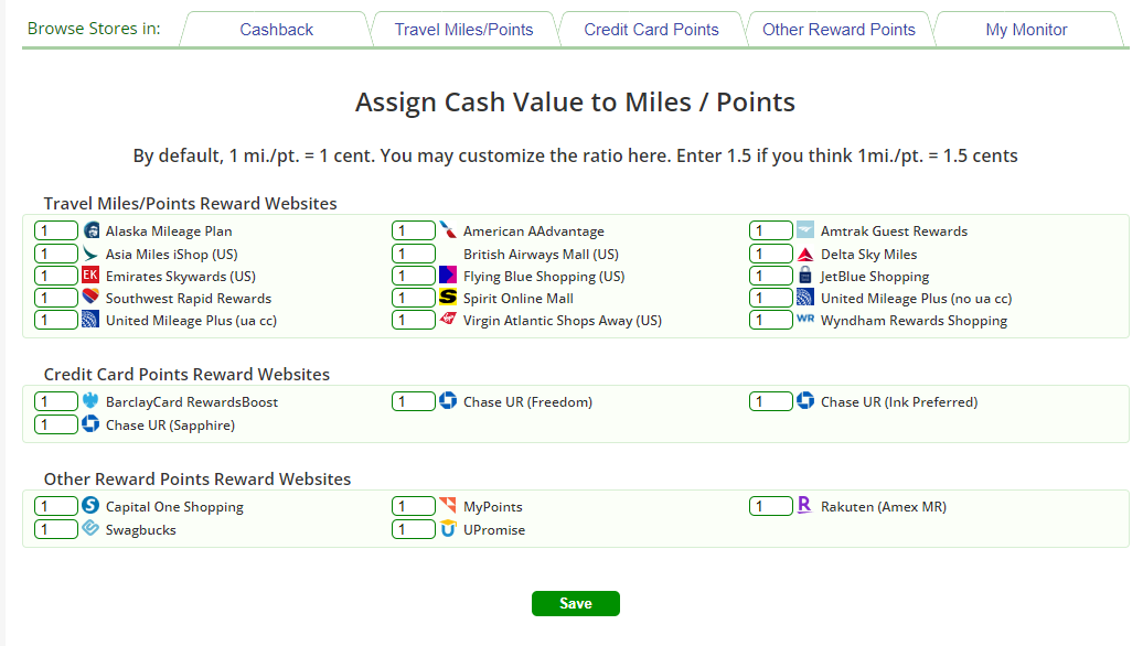 Screenshot of assigning cash value on cashback monitor