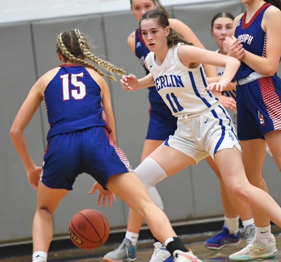 Berlin Brothersvalley's Mercy Sechler defends against St. Joseph's Julie Spinelli (15) during a PIAA Class 1A second-round girls basketball contest, March 13, in Hempfield Township.