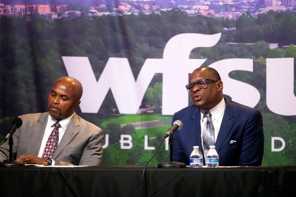 Gregory James (right) participates in a forum for House District 8 candidates on Wednesday, July 27, 2022 in Tallahassee, Fla. 