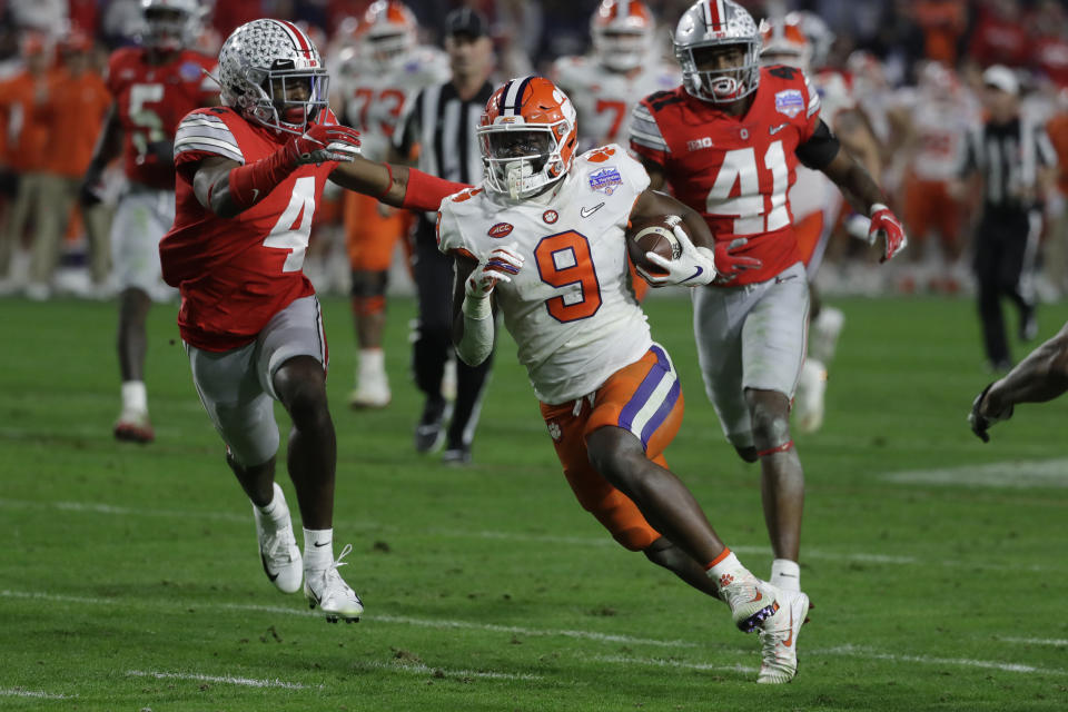 Clemson running back Travis Etienne (9) dazzled against Ohio State in the CFP semifinal. (AP Photo/Rick Scuteri).