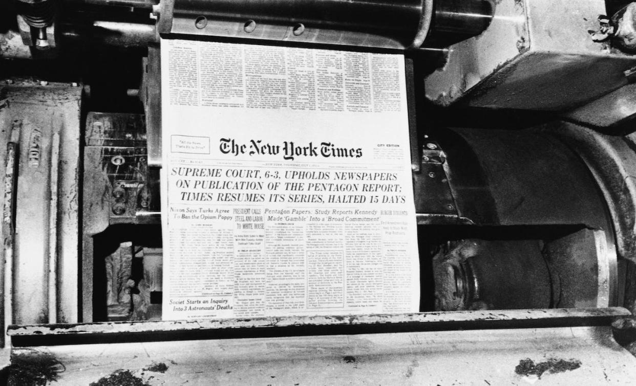 The New York Times resumed publication of its series of articles based on the Pentagon Papers in its July 1, 1971, edition, after it was given the green light by the Supreme Court. <a href="https://newsroom.ap.org/detail/PentagonPapersInTheTimes/61378866a8224e64be95556e7b29dcb5/photo?Query=Pentagon%20Papers%20New%20York%20Times&mediaType=photo&sortBy=&dateRange=Anytime&totalCount=1247&currentItemNo=0&vs=true" rel="nofollow noopener" target="_blank" data-ylk="slk:AP Photo/Jim Wells;elm:context_link;itc:0;sec:content-canvas" class="link ">AP Photo/Jim Wells</a>