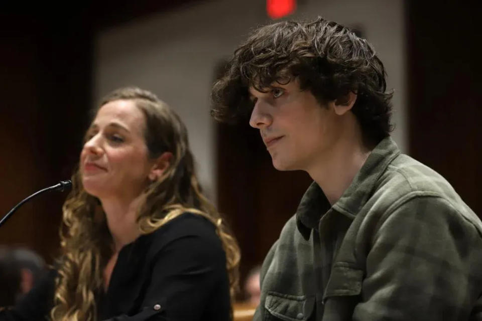 Jamie Morey, left, founder of Parents for Plant Medicine, and her son Dylan Morey, right, testify in favor of a ballot question to decriminalize some psychedelics. Dylan Morey found relief from his depression and OCD associated with PANDAS (pediatric autoimmune neuropsychiatric disorders associated with streptococcal infections) through psilocybin treatment.