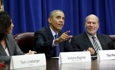 U.S. President Barack Obama speaks during a meeting with agriculture and business leaders about the Trans-Pacific Partnership at the Department of Agriculture in Washington October 6, 2015. REUTERS/Kevin Lamarque