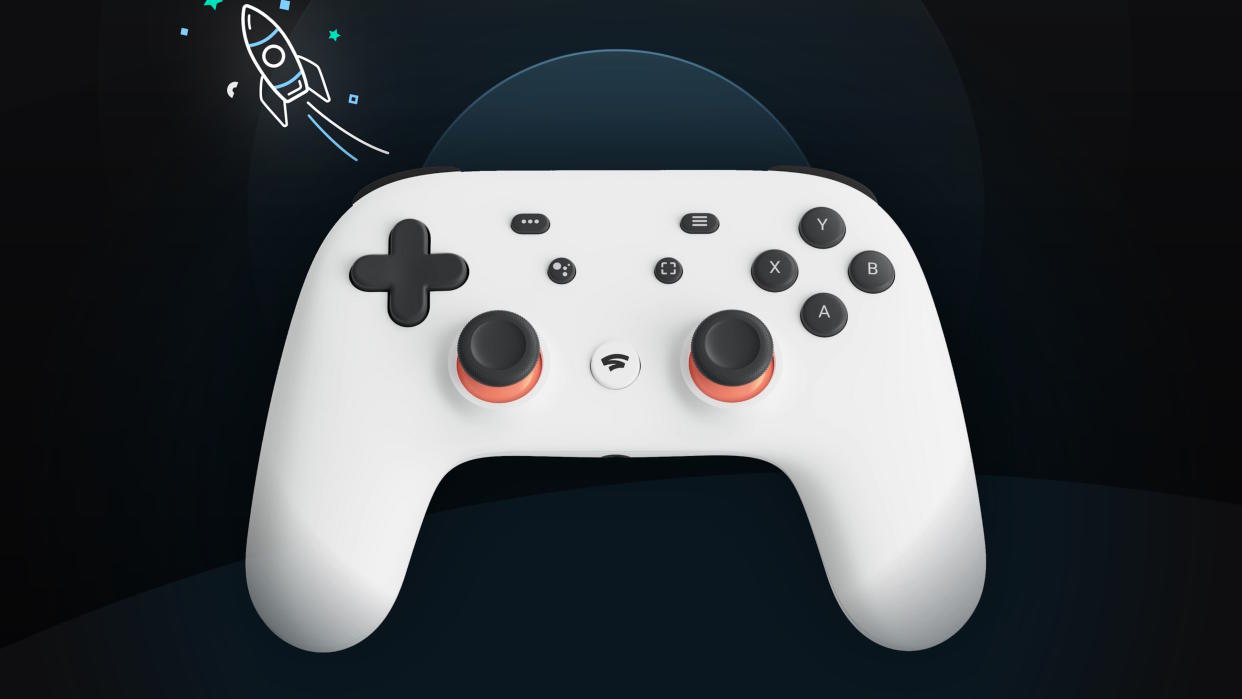  Google Stadia controller with a rocketship flying away above it. 