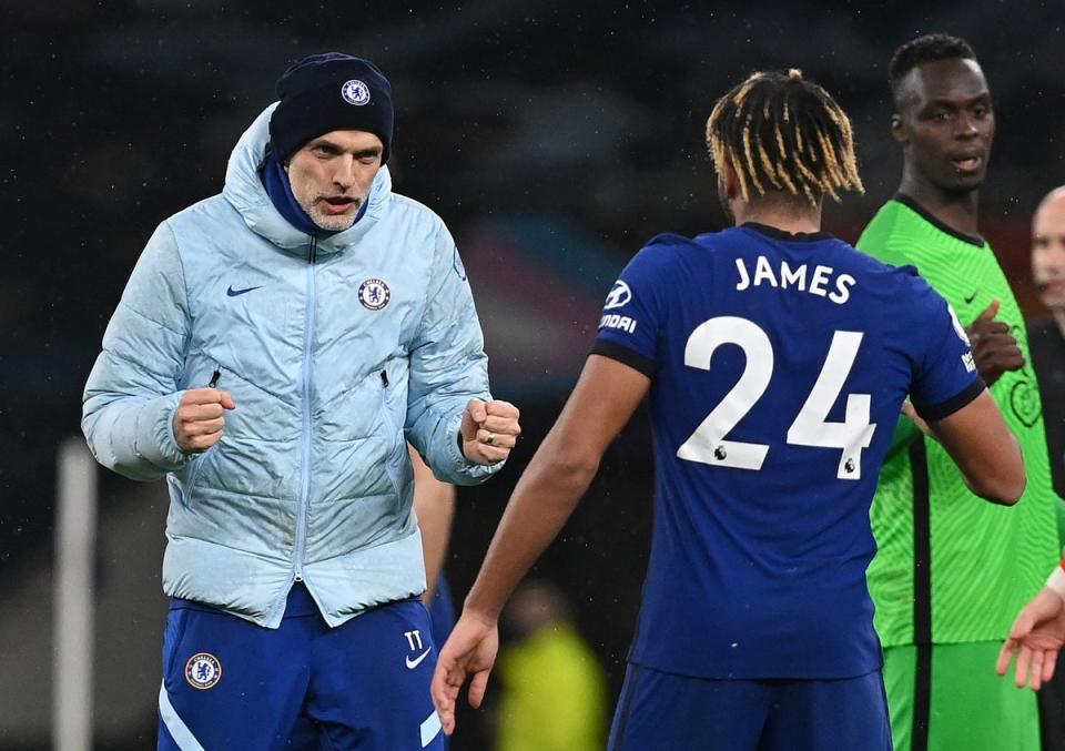 Chelsea manager Thomas Tuchel celebrates with Reece James after the Premier League match at the Tottenham Hotspur Stadium, (PA)