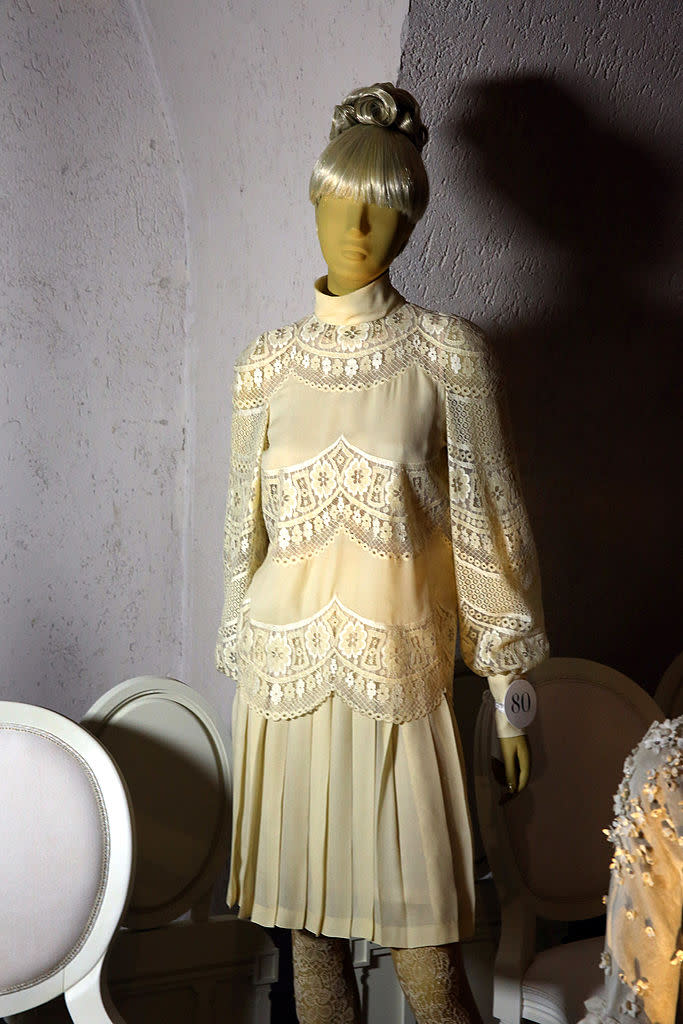 LONDON, ENGLAND - NOVEMBER 28: A 1968 wedding dress belonging to Jackie Onassis is displayed on the catwalk at the 'Valentino: Master of Couture' exhibition at Somerset House on November 28, 2012 in London, United Kingdom. Celebrating the life and work of the Italian master couturier, the fashion show features more than 130 handmade designs worn by Hollywood icons and the Royal family. The exhibition will be open between 29 November 2012 and 3 March 2013. (Photo: Peter Macdiarmid/Getty Images for Somerset House)