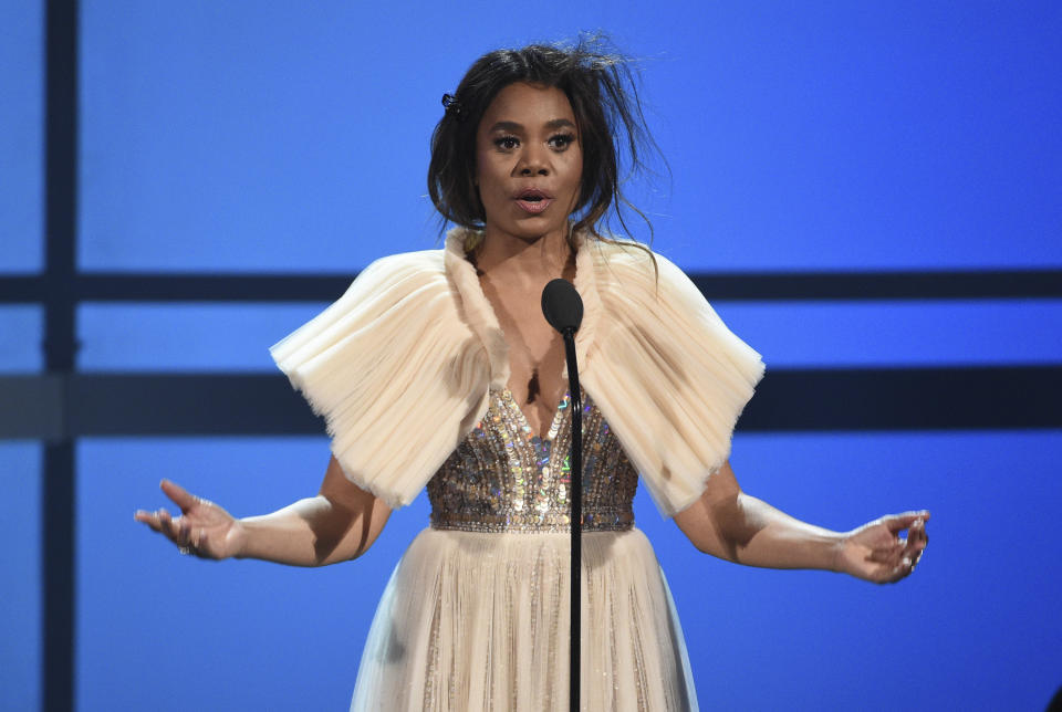 Host Regina Hall speaks at the BET Awards on Sunday, June 23, 2019, at the Microsoft Theater in Los Angeles. (Photo by Chris Pizzello/Invision/AP)