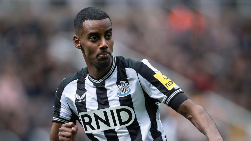 Alexander Isak of Newcastle United in action during the Premier League match between Newcastle United and Tottenham Hotspur at St. James Park on April 13, 2024