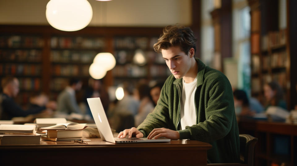 A student enthusiastically playing the DoubleDown Classic on their laptop in a library.