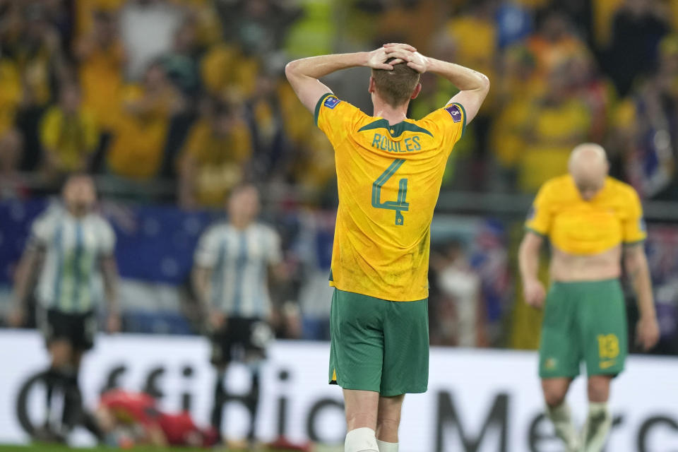 Australia's Kye Rowles reacts at the end of the World Cup round of 16 soccer match between Argentina and Australia at the Ahmad Bin Ali Stadium in Doha, Qatar, Saturday, Dec. 3, 2022. Argentina defeated Australia 2-1. (AP Photo/Frank Augstein)