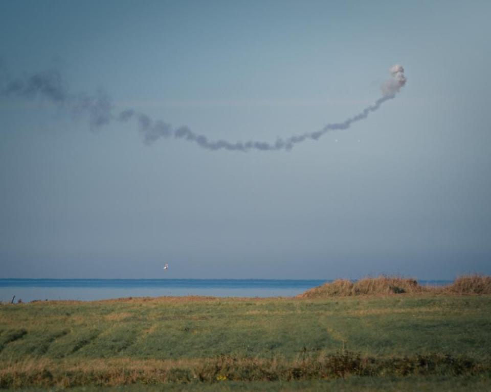 A drone target breaks apart over after a successful intercept by a Stinger missile fired from the new Maneuver Short Range Air Defense system on Oct. 7, 2021