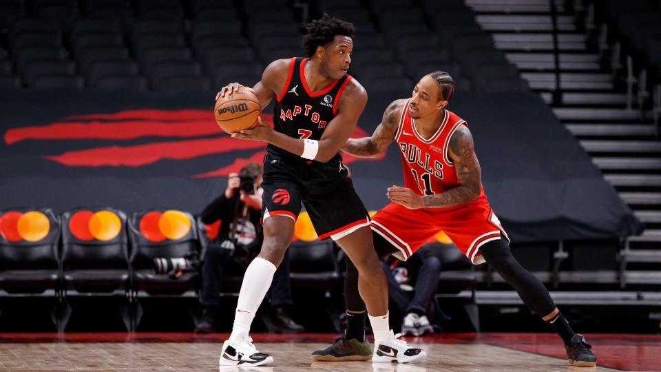 O.G. Anunoby will have the difficult task of guarding his friend and former teammate DeMar Derozan when the Raptors face the Bulls in the NBA play-in tournament on Wednesday. (Getty Images)