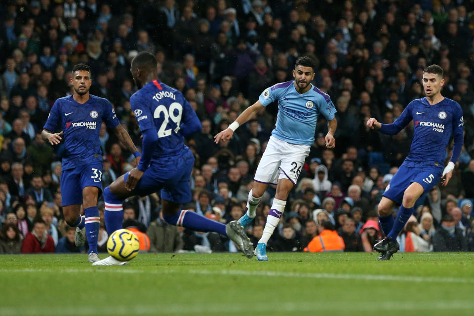 MANCHESTER, ENGLAND - NOVEMBER 23: Riyad Mahrez of Manchester City scores his team's second goal during the Premier League match between Manchester City and Chelsea FC at Etihad Stadium on November 23, 2019 in Manchester, United Kingdom. (Photo by Manchester City FC/Manchester City FC via Getty Images)