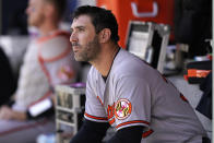 Baltimore Orioles starting pitcher Matt Harvey sits in the dugout during the first inning of a baseball game against the New York Mets, Wednesday, May 12, 2021, in New York. (AP Photo/Kathy Willens)