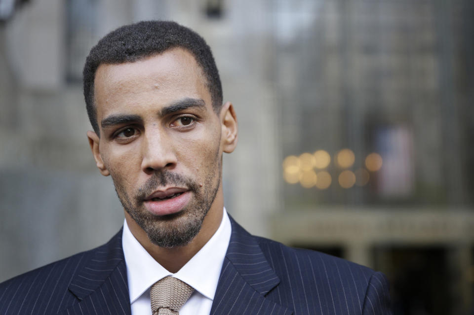 FILE - In this Oct. 9, 2015 file photo, Thabo Sefolosha talks to reporters outside criminal court in New York after filing a federal lawsuit against New York City alleging he was unjustly arrested outside of a trendy nightclub in 2015. The altercation left him with a broken leg and ended his NBA season. On Thursday, April 6, 2017, New York City settled his wrongful arrest lawsuit for $4 million, which is more than the city has paid out in some of its most notorious police brutality cases. (AP Photo/Seth Wenig, File)