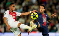 Soccer Football - Ligue 1 - Paris St Germain v AS Monaco - Parc des Princes, Paris, France - April 21, 2019 AS Monaco's Benjamin Henrichs in action with Paris St Germain's Neymar REUTERS/Gonzalo Fuentes