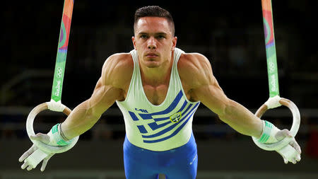 2016 Rio Olympics - Artistic Gymnastics - Final - Men's Rings Final - Rio Olympic Arena - Rio de Janeiro, Brazil - 15/08/2016. Eleftherios Petrounias (GRE) of Greece competes. REUTERS/Mike Blake