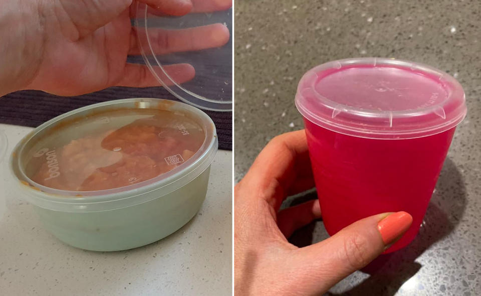 L: A hand holding a plastic lid next to a bowl with food in it and a plastic lid on top. R: A hand holding a plastic red cup which has a lid on it