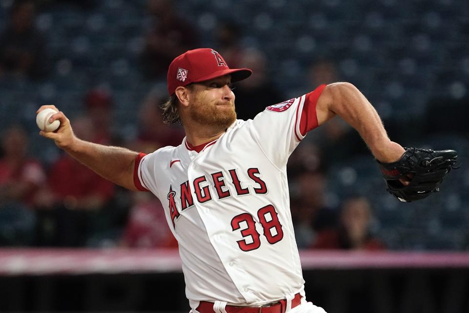 Los Angeles Angels starting pitcher Alex Cobb throws to the plate during the first inning of a baseball game against the Houston Astros Thursday, Sept. 23, 2021 in Anaheim, Calif. (AP Photo/Mark J. Terrill)