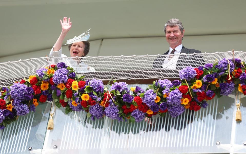 Princess Anne, the Princess Royal, and and her husband Sir Timothy Laurence are pictured during Cazoo Derby meeting at Epsom Racecourse on June 04, 2022 (Getty Images)