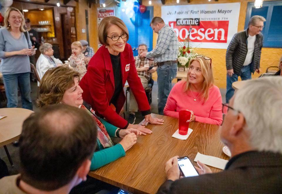 Des Moines Mayor-elect Connie Boesen speaks with supporters during an election night party at Chuck's restaurant, Tuesday, Nov. 7, 2023.