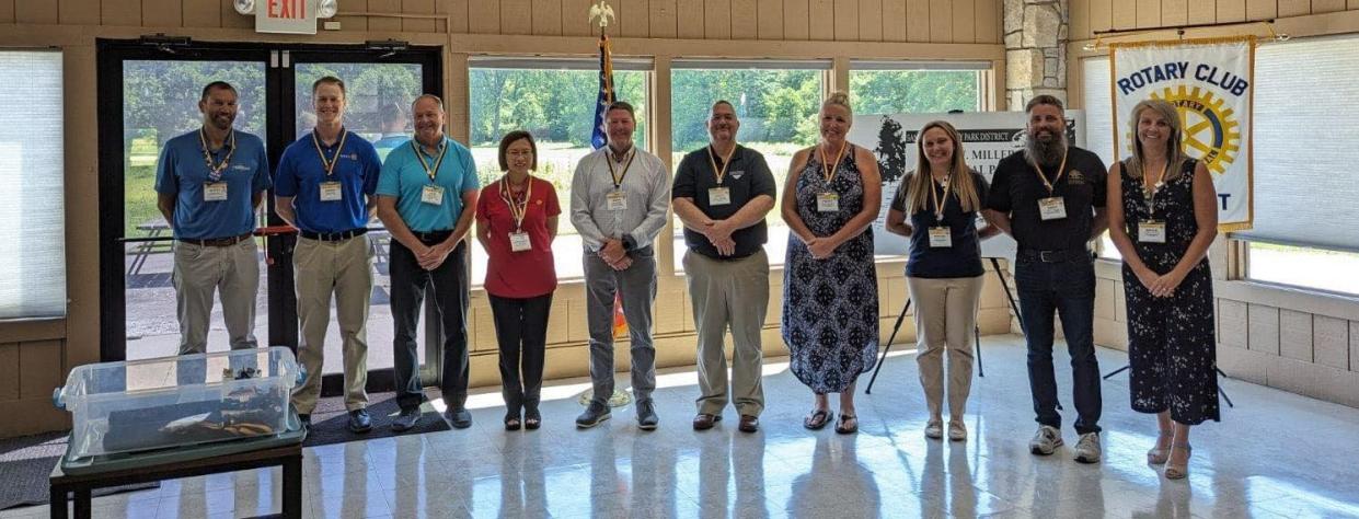 Officers for the Fremont Rotary recently inducted include, from left, Scott Lang, James Clark, Bob Foster, Angelica Rinehart, Steve Durbin, Tracy Baughman, Peggy Courtney, Megan Craun, Andy Brown and Angie Morelock. Not pictured are Kay Reiter, Kent Watkins, Hal Hawk and Roger Kuns.
