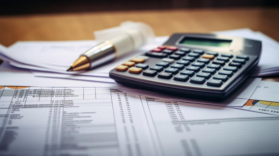 A close up of a stack of financial documents with a pen and calculator as props to represent financial planning.