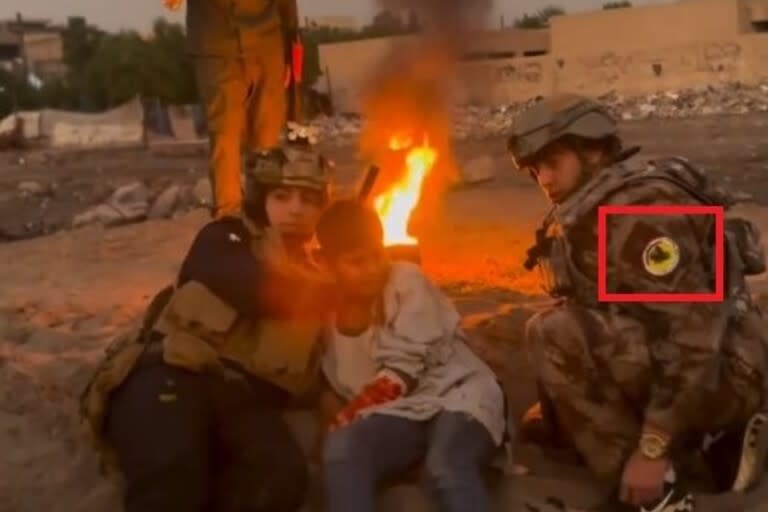 <span>Screenshot of misrepresented footage showing Iraqi Counter Terrorism Service insignia.</span>