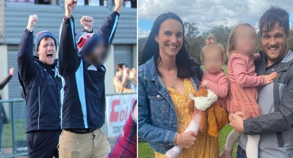 Mitch Williams cheering on football team (left) and right Mitch Williams with wife Casey and two daughters.