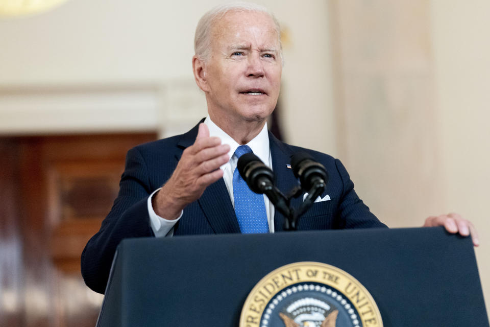 President Joe Biden speaks at the White House in Washington, Friday, June 24, 2022, after the Supreme Court overturned Roe v. Wade. (AP Photo/Andrew Harnik)