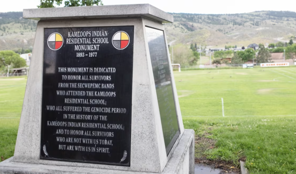 A monument stands on the grounds of the former Kamloops Indian Residential School in Kamloops, B.C., on May 27, 2021. The Tk’emlups te Secwépemc First Nation released a report later that summer noting that about 200 potential burial sites had been found during a search of the site using ground-penetrating radar. (Andrew Snucins/The Canadian Press)