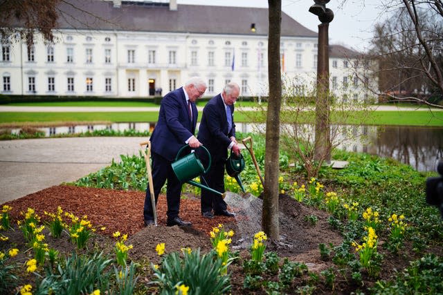 The King and German President Frank-Walter Steinmeier plant a tree after attending a Green Energy reception at Bellevue Palace, Berlin, the official residence of the President of Germany 