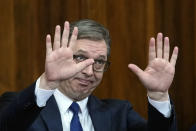 Serbia's President Aleksandar Vucic gestures during a special session of Serbia's parliament about the negotiations' process with Kosovo in Belgrade, Serbia, Thursday, Feb. 2, 2023. Serbia fought a 1998-99 war with ethnic Albanian separatists in Kosovo, which at the time was a Serbian province. A NATO intervention that forced Serbia to pull out of the territory ended the war, but tensions over Kosovo's status remains a source of instability in the Balkans. (AP Photo/Darko Vojinovic)