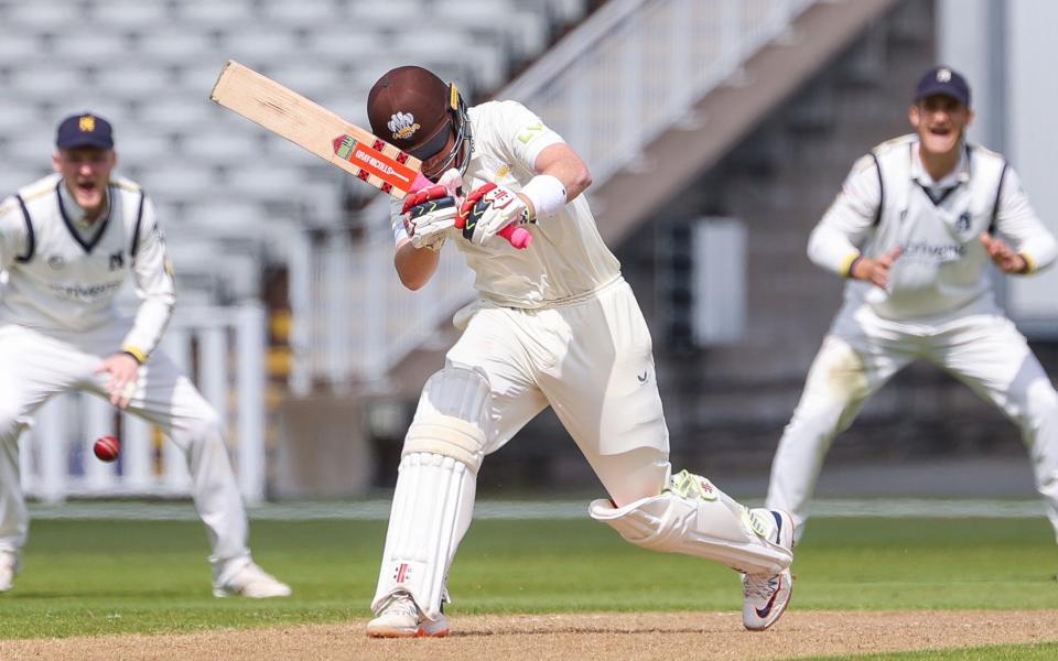 Surrey&#39;s Ollie Pope is dismissed leg before wicket from the bowling of Warwickshire&#39;s Hassan Ali during Day 2 of the LV County Championship match between Warwickshire CCC and Surrey CCC at Edgbaston Cricket Ground - Stuart Leggett