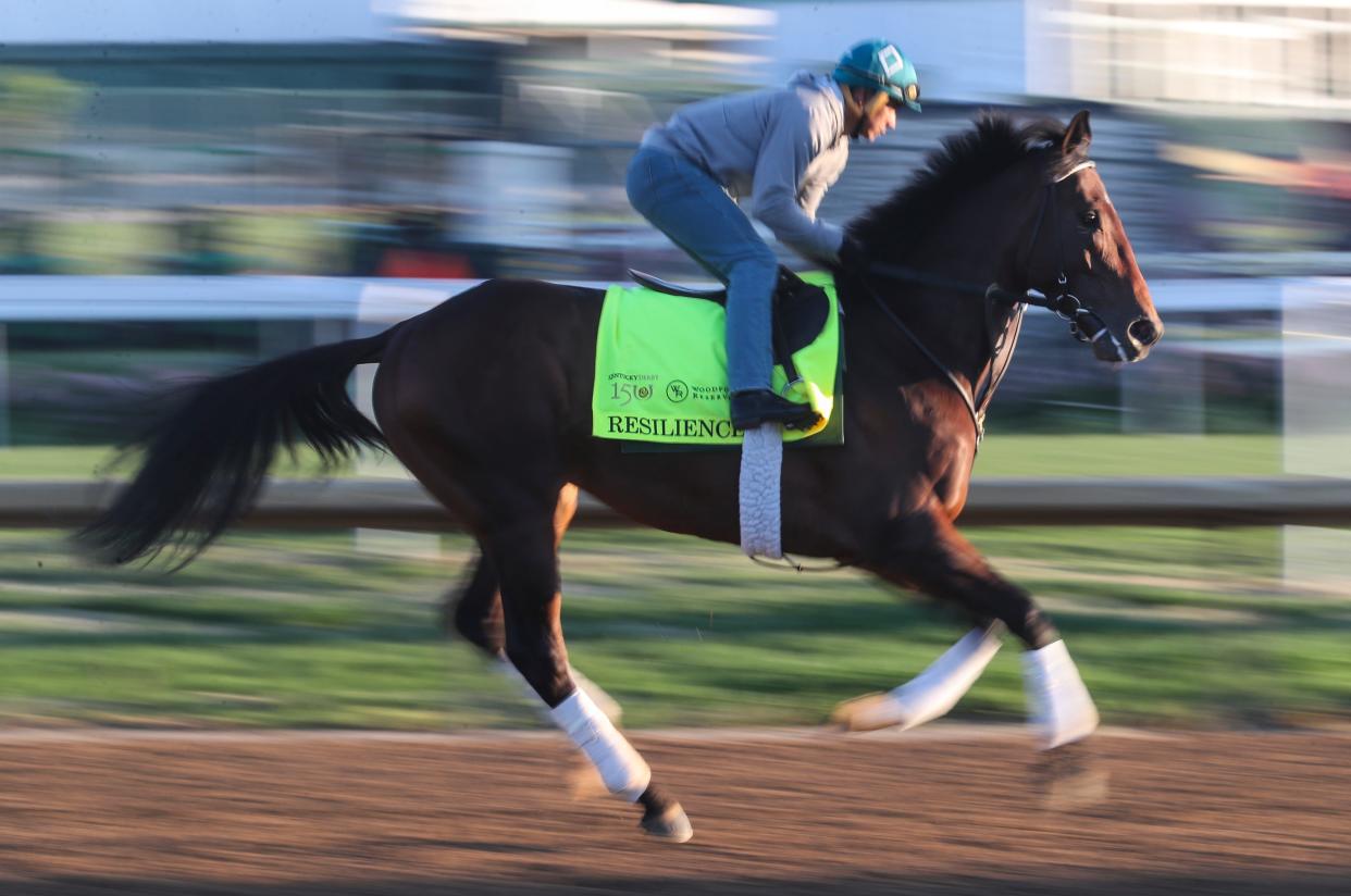 2024 Kentucky Derby contender Resilience works out on Saturday morning at Churchill Downs in Louisville, Ky. April 20, 2024. The horse is trained by Bill Mott.