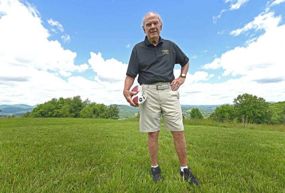 Former Appalachian State University head football coach Jerry Moore in Boone, N.C., on May 30, 2024. Moore led the Mountaineers to three consecutive national championships from 2005-07 and coached the Mountaineers from 1989-2012. Moore was the head coach when the Mountaineers upset the Michigan Wolverines, 34-32, in 2007 for the program’s greatest victory.