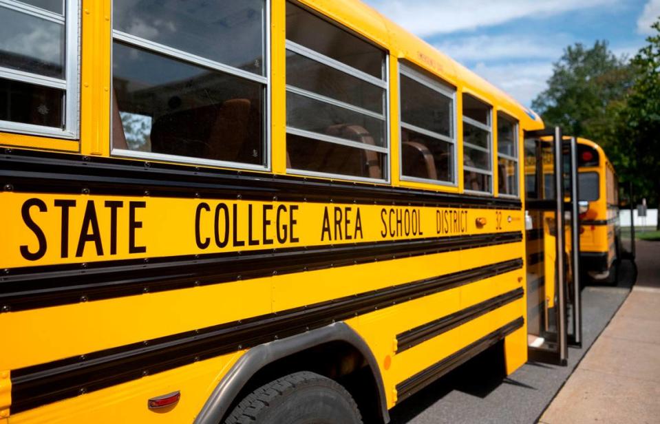 State College Area School District buses line up outside of Our Lady of Victory to take students home on Friday, Sept. 22, 2023.