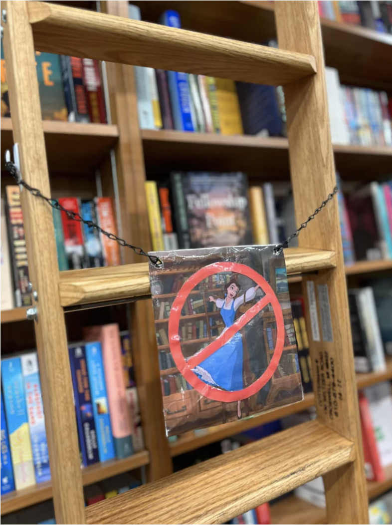 A ladder in a bookstore with a picture of Belle from "Beauty and the Beast"