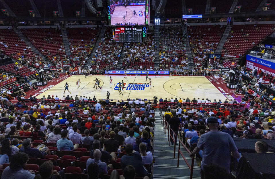 The Minnesota Timberwolves play against the Atlanta Hawks during the second half of an NBA summer league basketball game Wednesday, July 12, 2023, in Las Vegas. (L.E. Baskow/Las Vegas Review-Journal via AP)