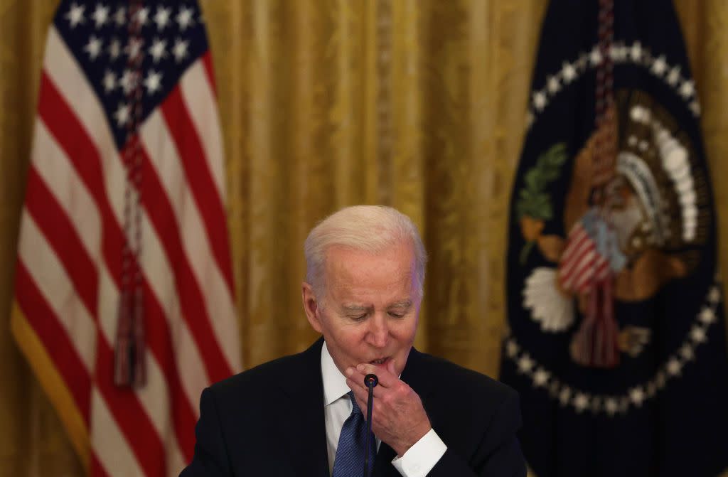U.S. President Joe Biden speaks during a meeting with the White House Competition Council in the East Room of the White House January 24, 2022 in Washington, DC. Biden discussed efforts to lower prices for Americans laid out in his July 2021 executive ord