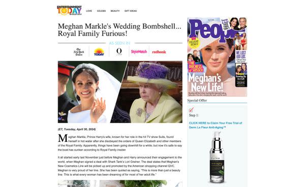 A Facebook ad claimed there was heartbreaking news about Meghan the Duchess of Sussex, better known as Meghan Markle, but it all led to a scam for Derm La Fleur Deluxe Anti-Aging Serum.