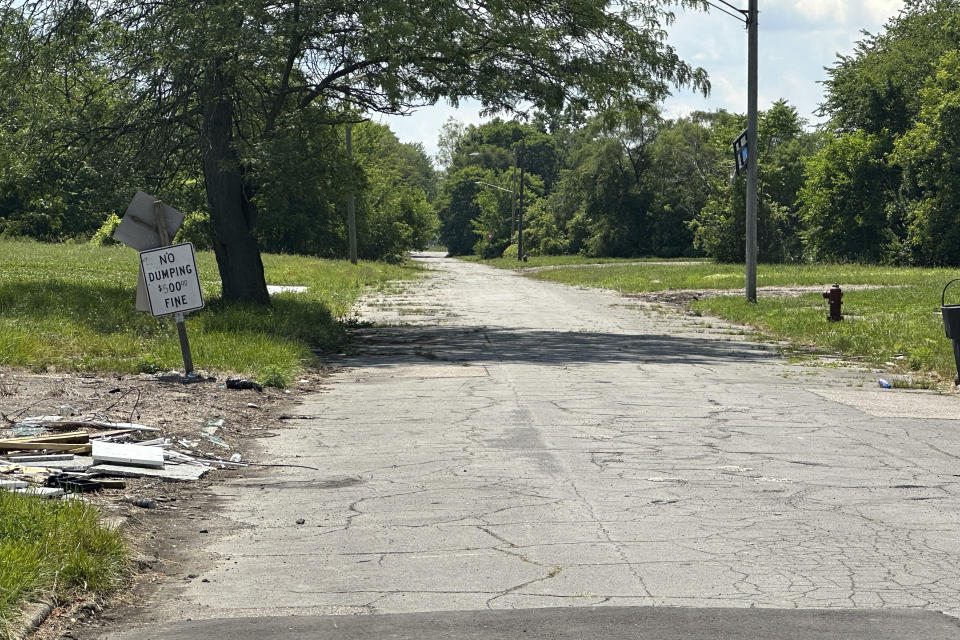 Trash and debris little an empty lot on Detroit's eastside, Monday, June 24, 2024. The eastside neighborhood is one of a few that are expected to receive solar arrays as part of Detroit's efforts to remove blight and find uses for underpopulated areas in the city. (AP Photo/Corey Williams)