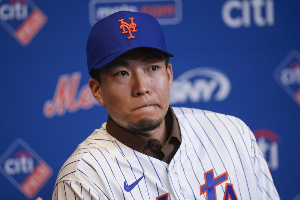 Kodai Senga attends a news conference at Citi Field, Monday, Dec. 19, 2022, in New York. The Japanese pitcher and the New York Mets have finalized a $75 million, five-year contract. (AP Photo/Seth Wenig)