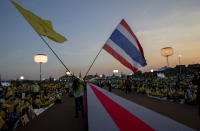 Supporters of Thai monarch wave national and royal flags ahead of the arrival of King Maha Vajiralongkorn and Queen Suthida to participate in a candle lighting ceremony to mark birth anniversary of late King Bhumibol Adulyadej at Sanam Luang ceremonial ground in Bangkok, Thailand, Saturday, Dec. 5, 2020. (AP Photo/Gemunu Amarasinghe)