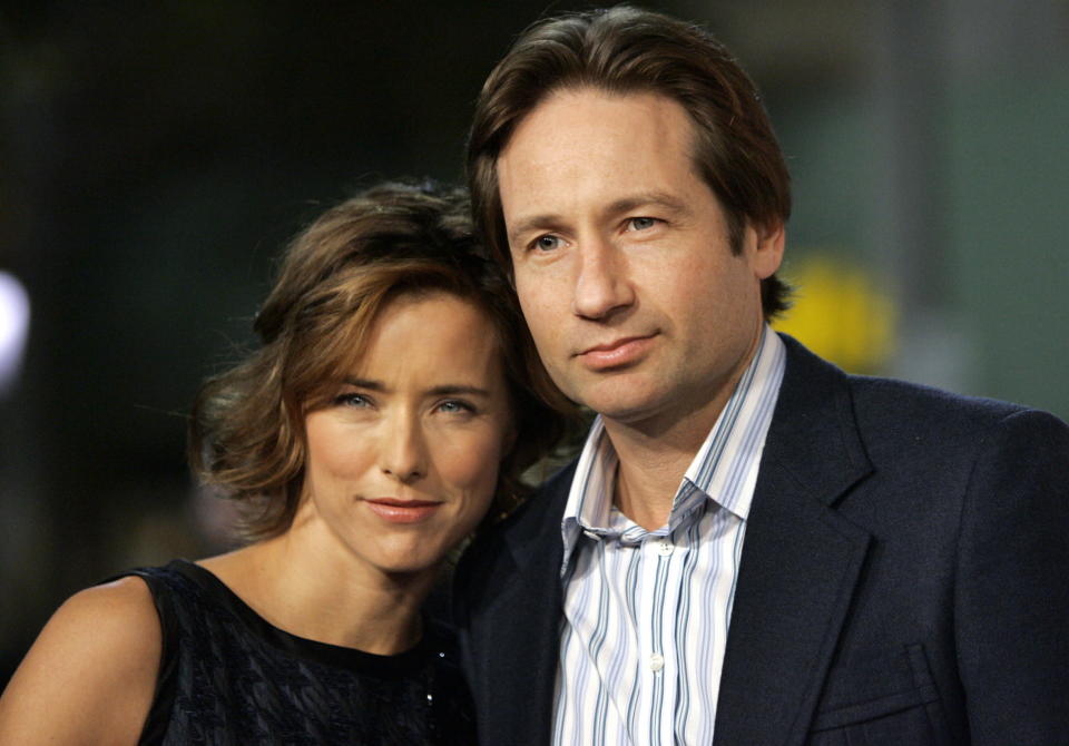 Tea Leoni and her husband David Duchovny attend the premiere of Fun with Dick and Jane in Los Angeles.