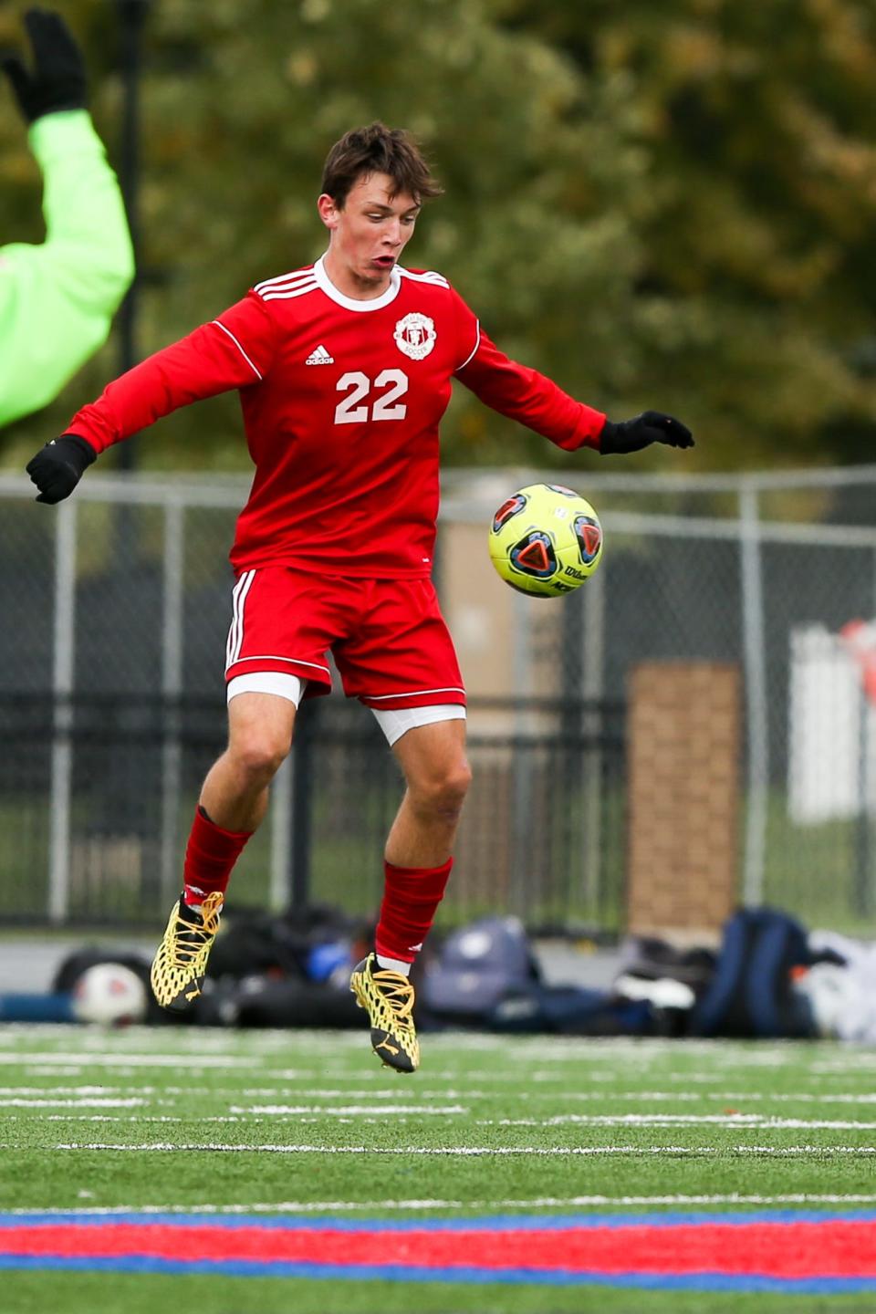 West Lafayette's Maurice Reimer (22) body blocks the ball during the IHSAA Class 2A semi-state boys soccer match as West Lafayette vs Fort Wayne Bishop Dwenger at Kokomo, Indiana on October 23, 2021.