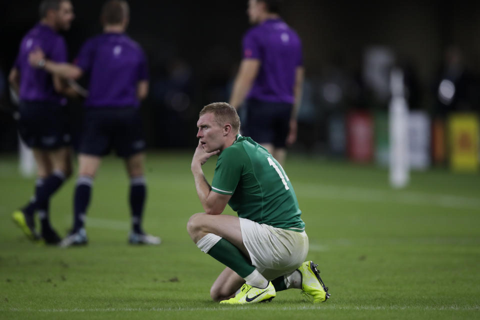 Ireland's Keith Earls reacts following his teams 19-12 loss in the Rugby World Cup Pool A game at Shizuoka Stadium Ecopa against Japan in Shizuoka, Japan, Saturday, Sept. 28, 2019. (AP Photo/Jae Hong)